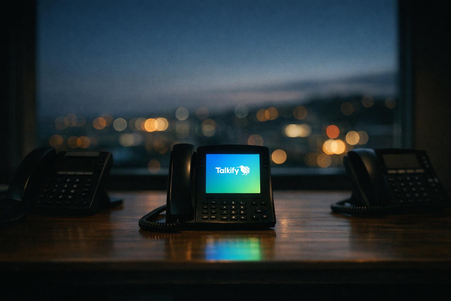 A row of office desk phones on a long wooden table in a New Zealand office at dusk, the ones either side sitting dark while the phone in the centre glows with the Talkify logo on a blue to green gradient screen.